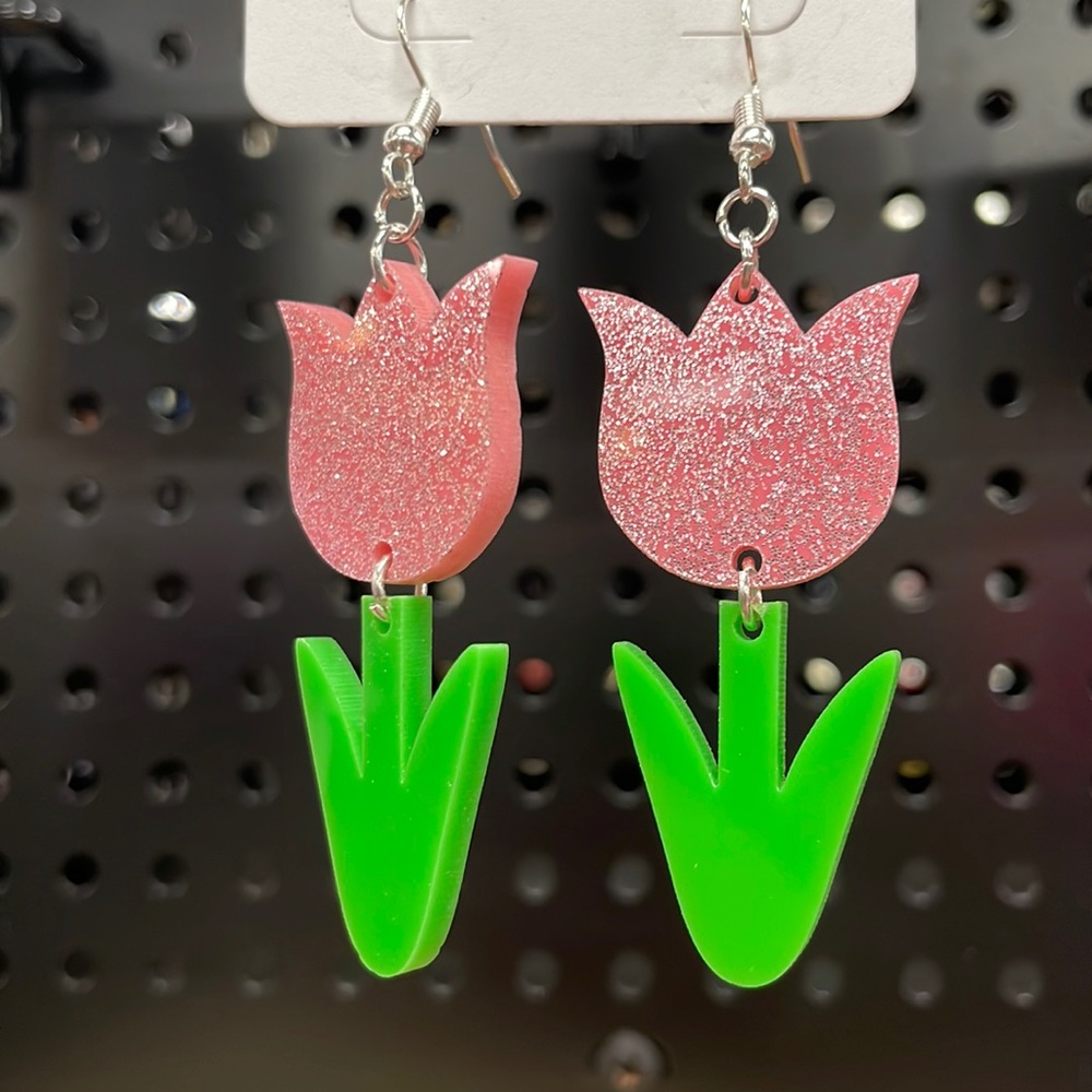 Pink Glitter Acrylic Tulip Earrings